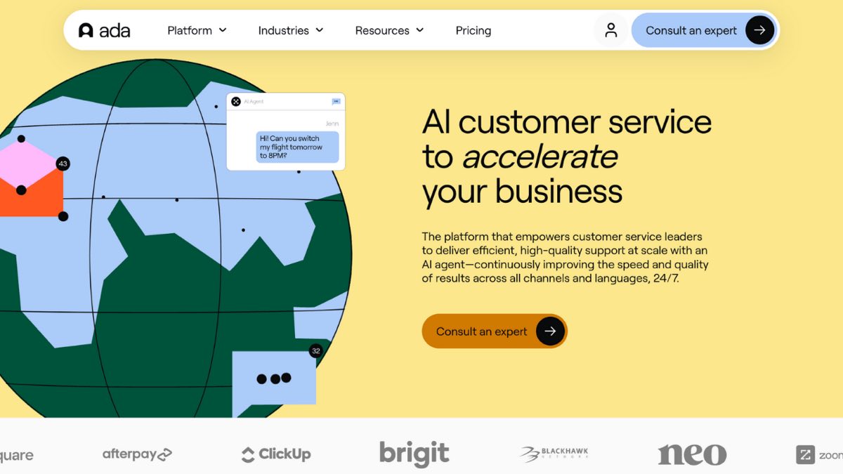 A screenshot of the Ada enterprise AI customer service automation homepage