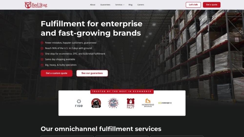 Red Stag Fulfillment homepage for heavy and bulky 3PL