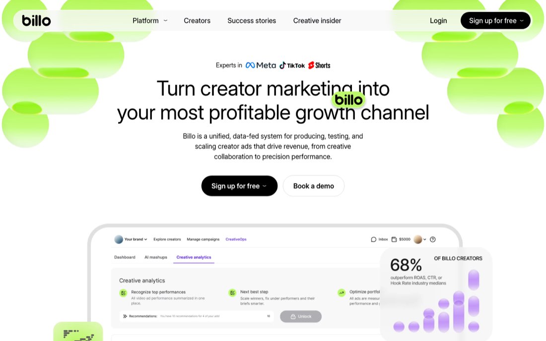 A screenshot of the Billo UGC creator marketplace homepage