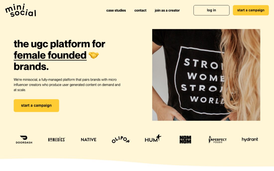 A screenshot of the Minisocial managed micro-influencer UGC platform homepage