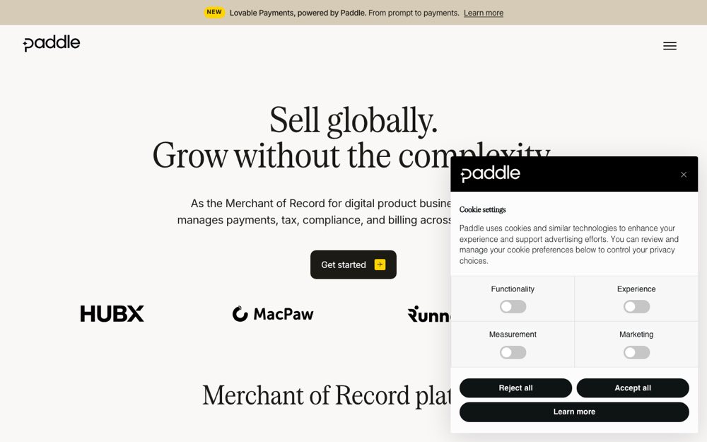 A screenshot of Paddle's landing page.