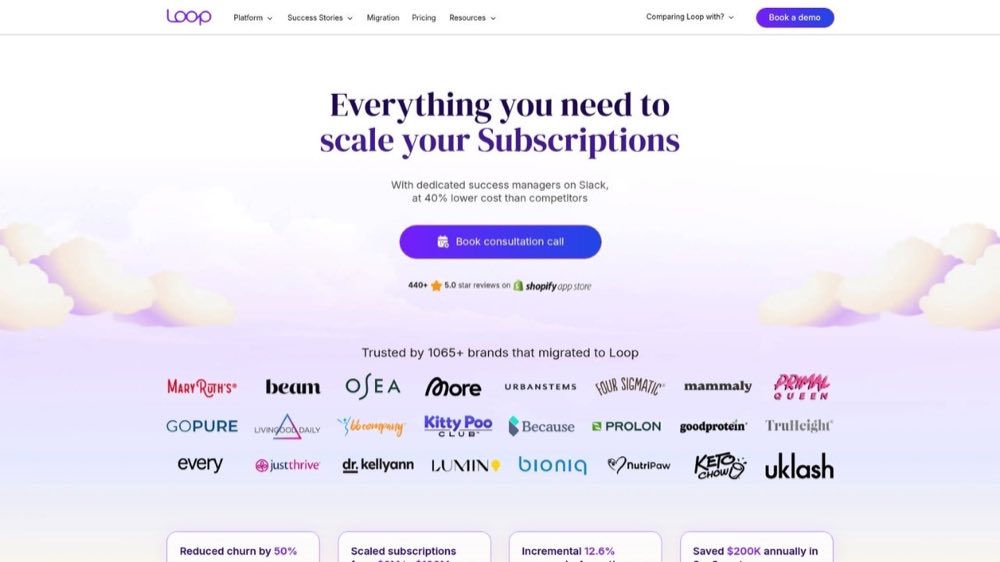 A screenshot of Loop Subscriptions' landing page.