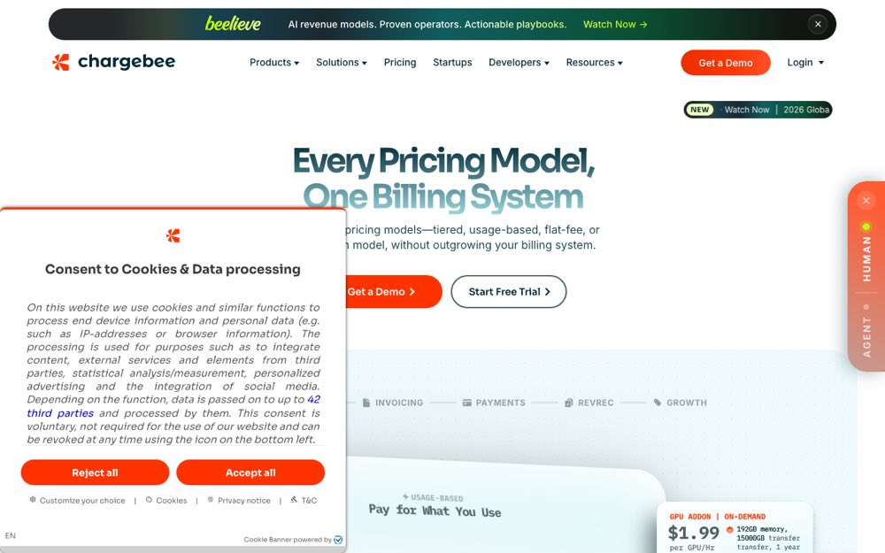 A screenshot of Chargebee's landing page.