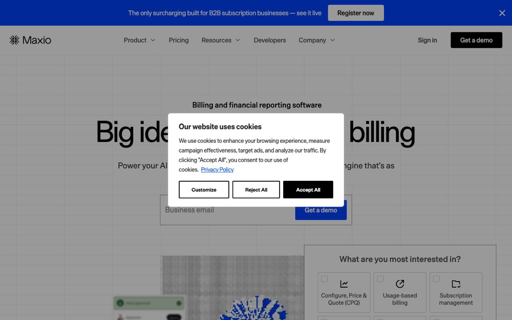 A screenshot of Maxio's landing page.