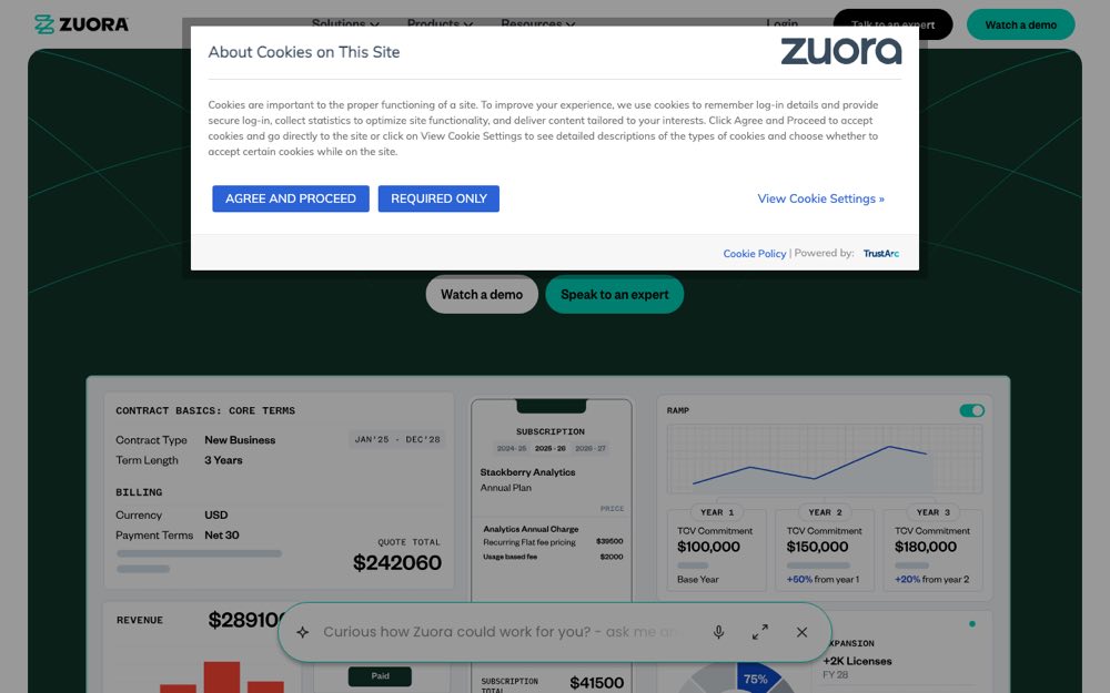 A screenshot of Zuora's landing page.