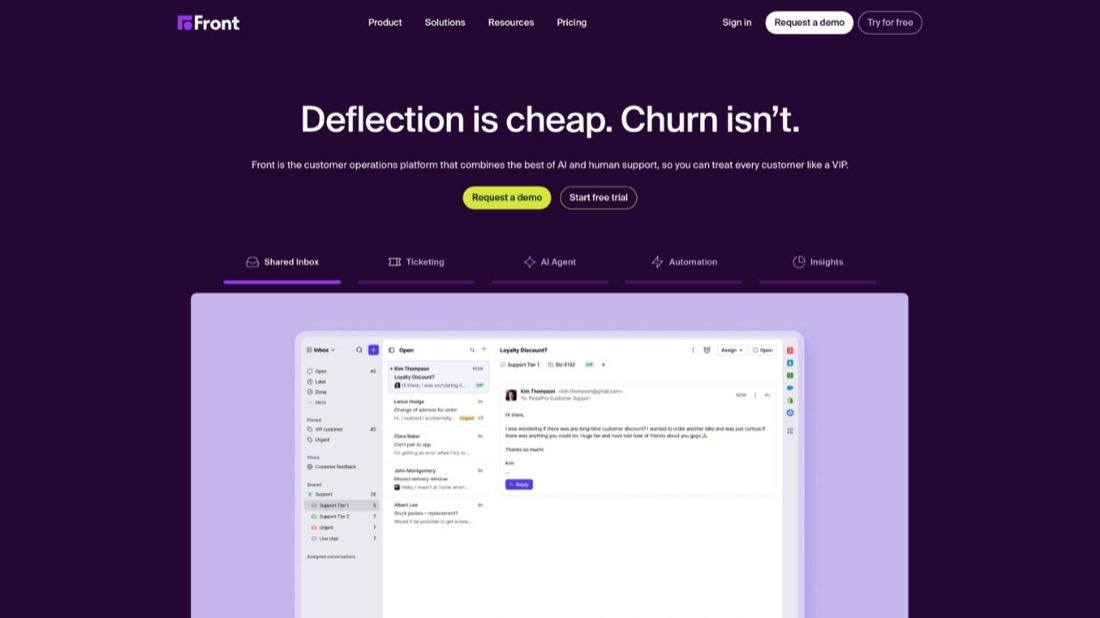A screenshot of the Front homepage, a collaborative shared-inbox support software