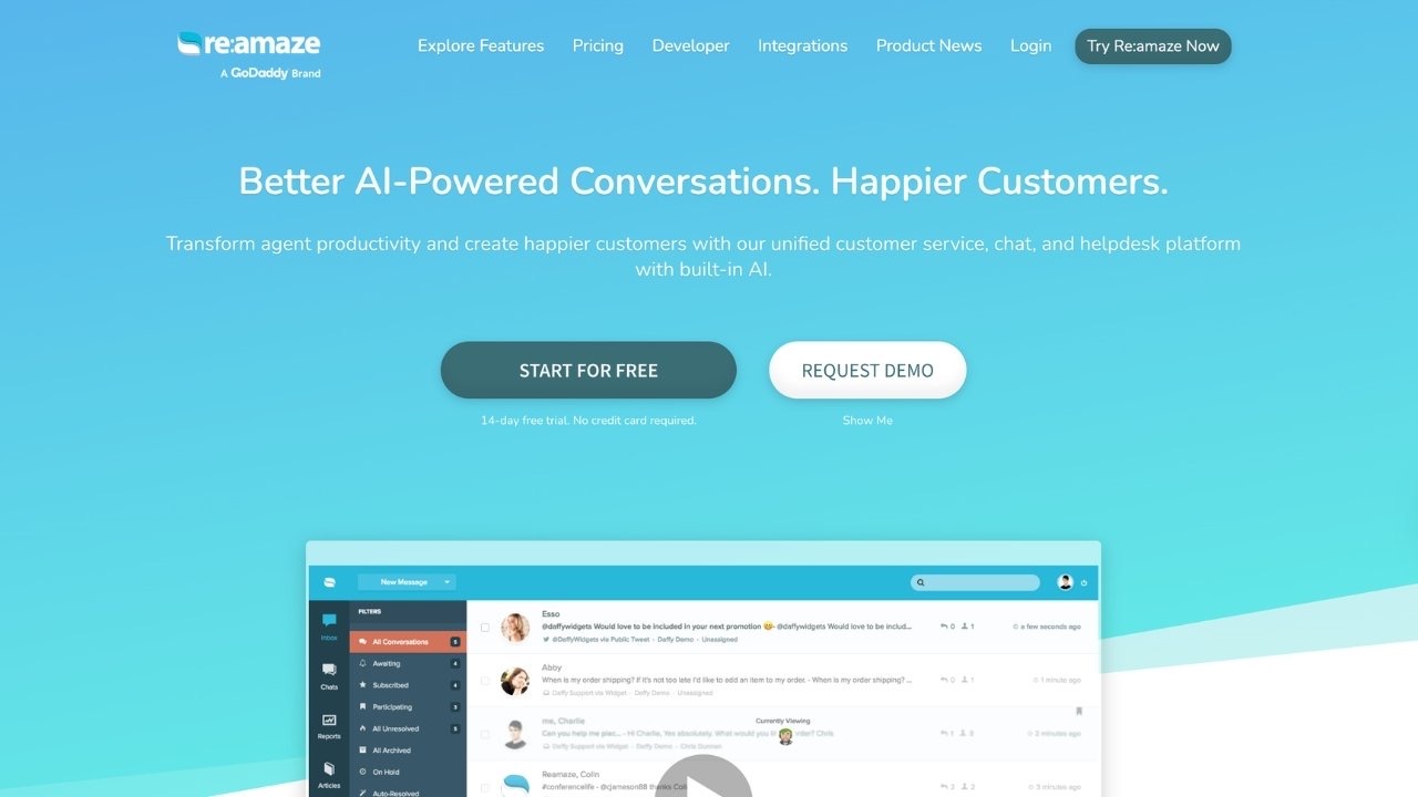 A screenshot of the Re:amaze homepage, an affordable omnichannel support software