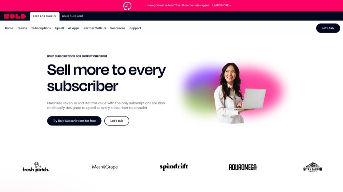 A screenshot of the Bold Subscriptions Shopify app homepage