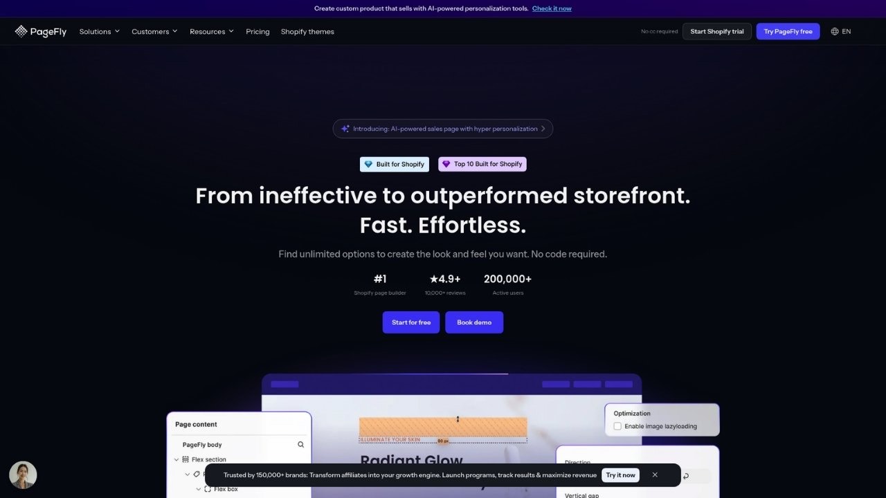 A screenshot of the PageFly page builder homepage