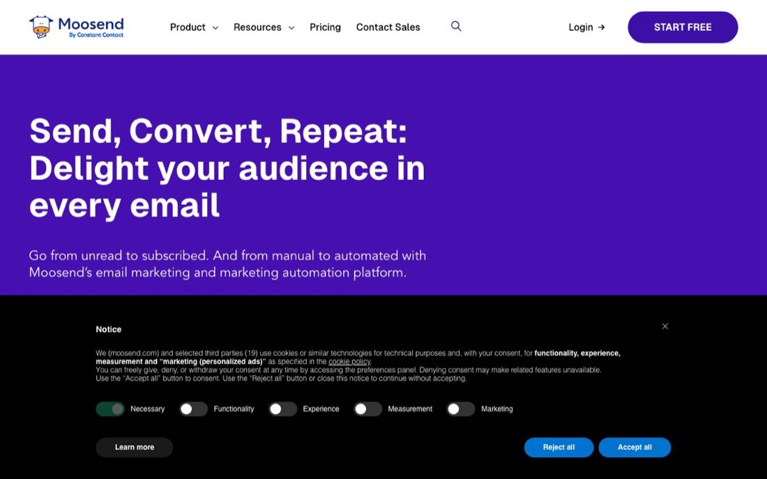 Moosend budget email marketing platform homepage