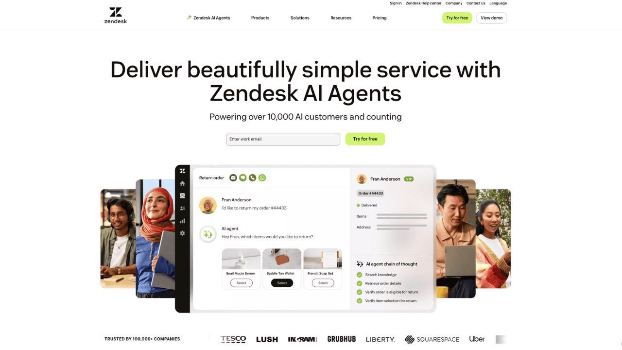 Zendesk homepage showing its omnichannel helpdesk with WhatsApp support
