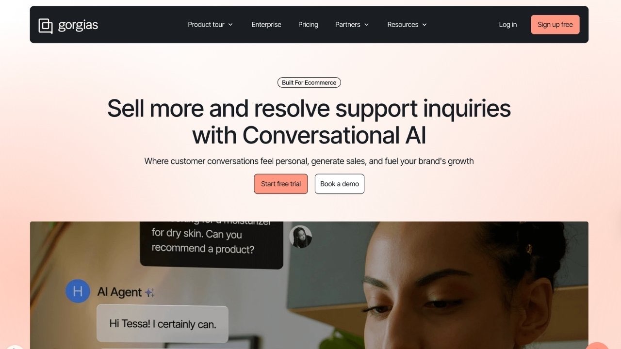 Gorgias homepage showing its ecommerce helpdesk for WhatsApp customer support software