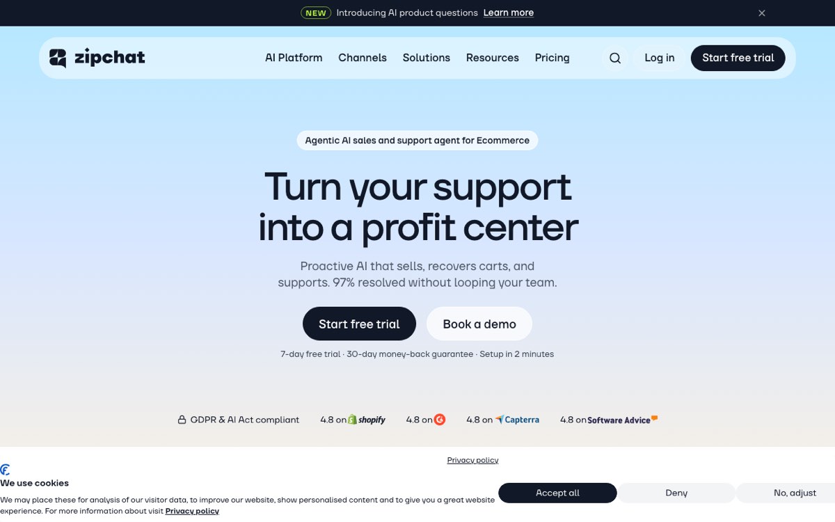 Zipchat AI homepage showing the AI ecommerce chat platform