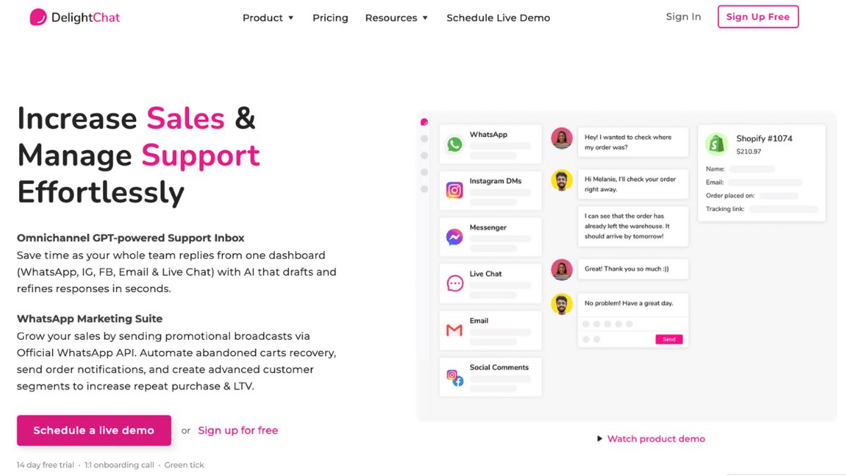 A screenshot of the DelightChat WhatsApp support homepage