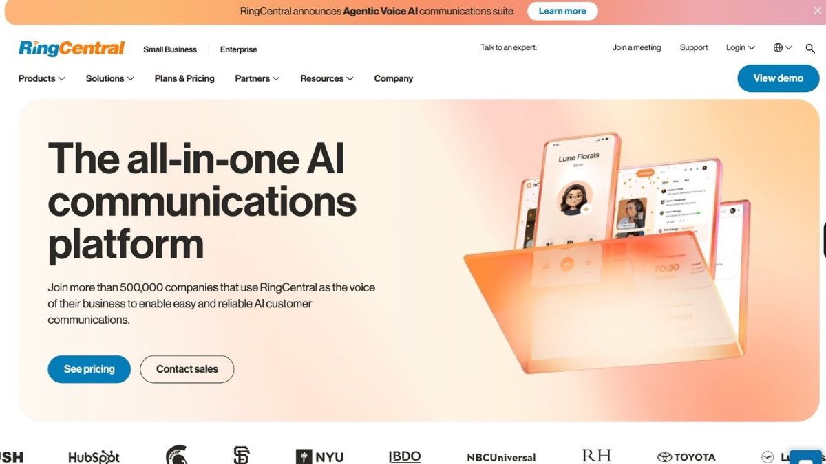 A screenshot of RingCentral AI Receptionist's homepage