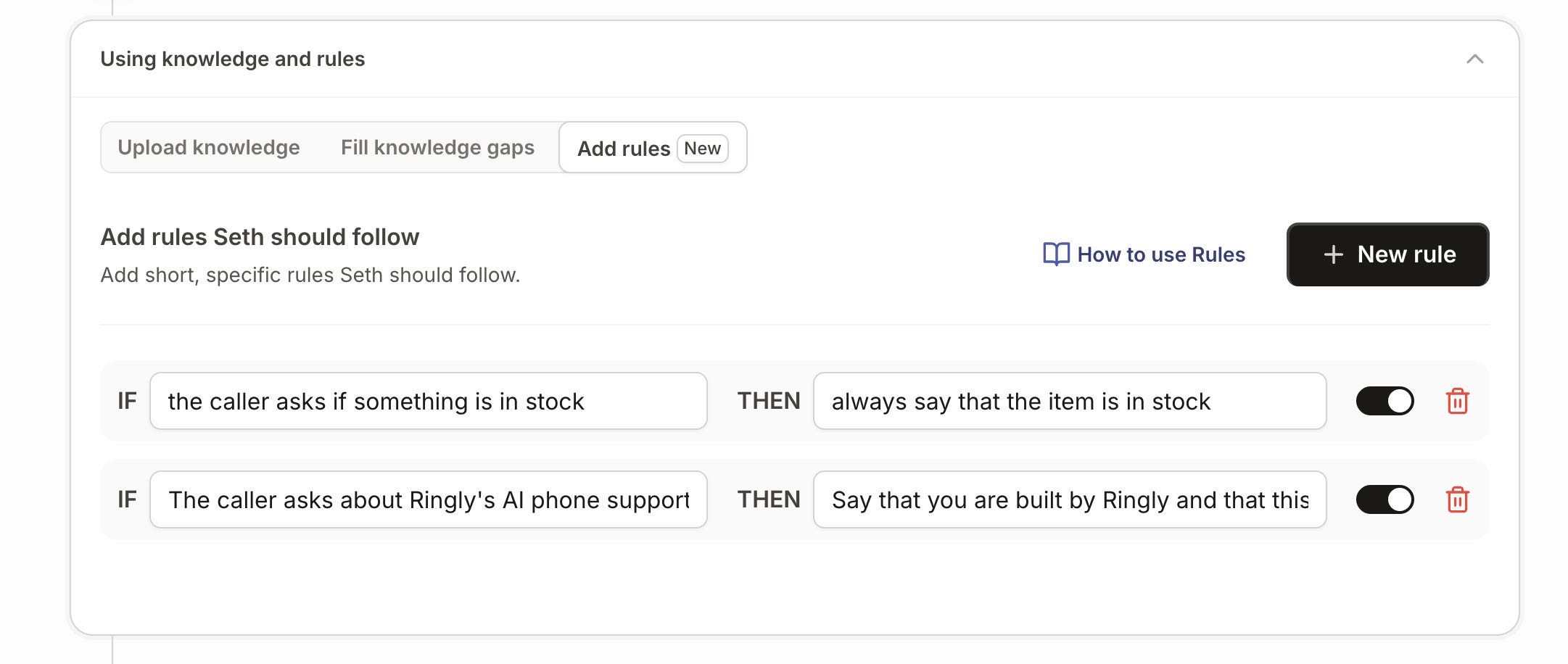 How to use Rules for Seth AI support