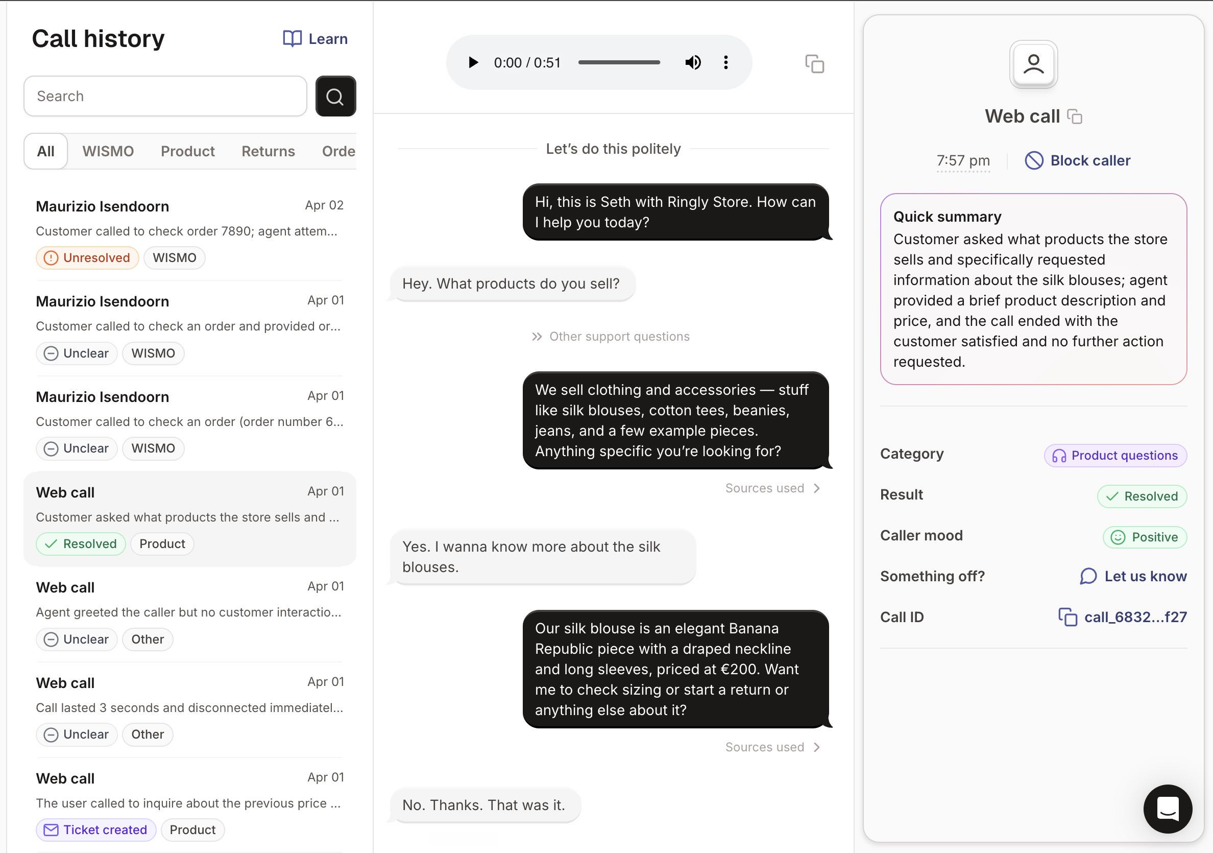 How to use the call history page in Ringly.io