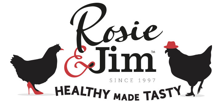 Rosie & Jim logo featuring two black chickens, one wearing a red high heel and the other a red hat, with the text 'Since 1997' and 'Healthy Made Tasty'.