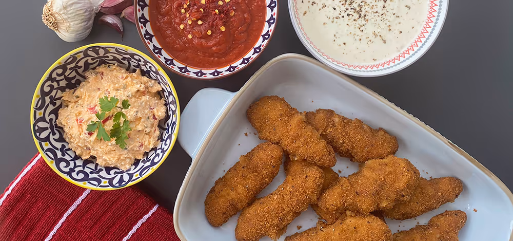 Plate of breaded chicken goujons with three bowls of dipping sauces and a garlic bulb on the side.