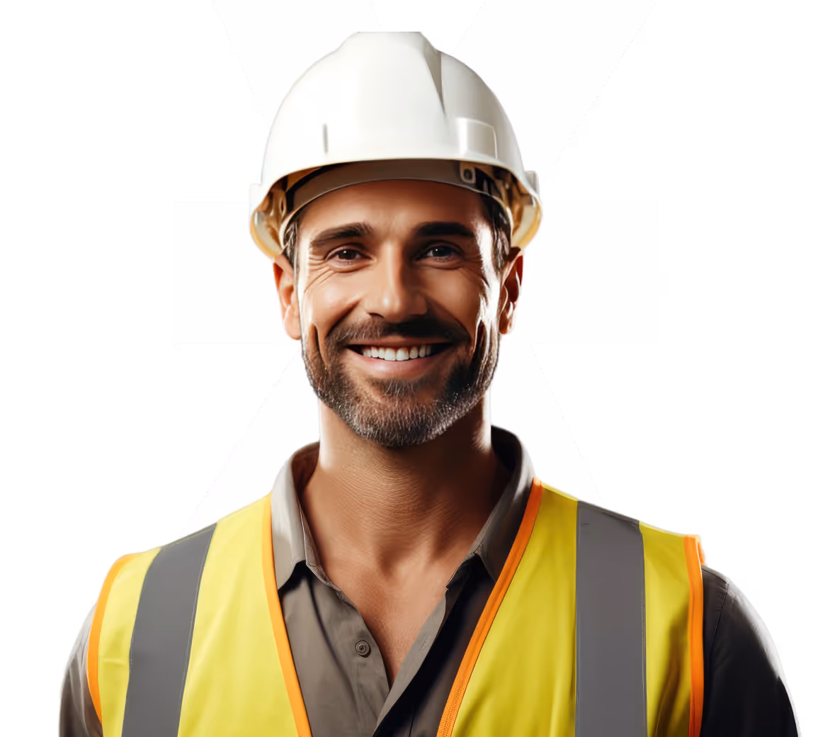 Um trabalhador da construção civil sorridente, vestindo capacete branco e colete de segurança amarelo