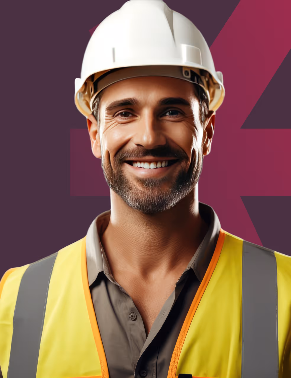 Um trabalhador da construção civil sorridente, vestindo capacete branco e colete de segurança amarelo, com um fundo de design moderno em rosa e roxo.