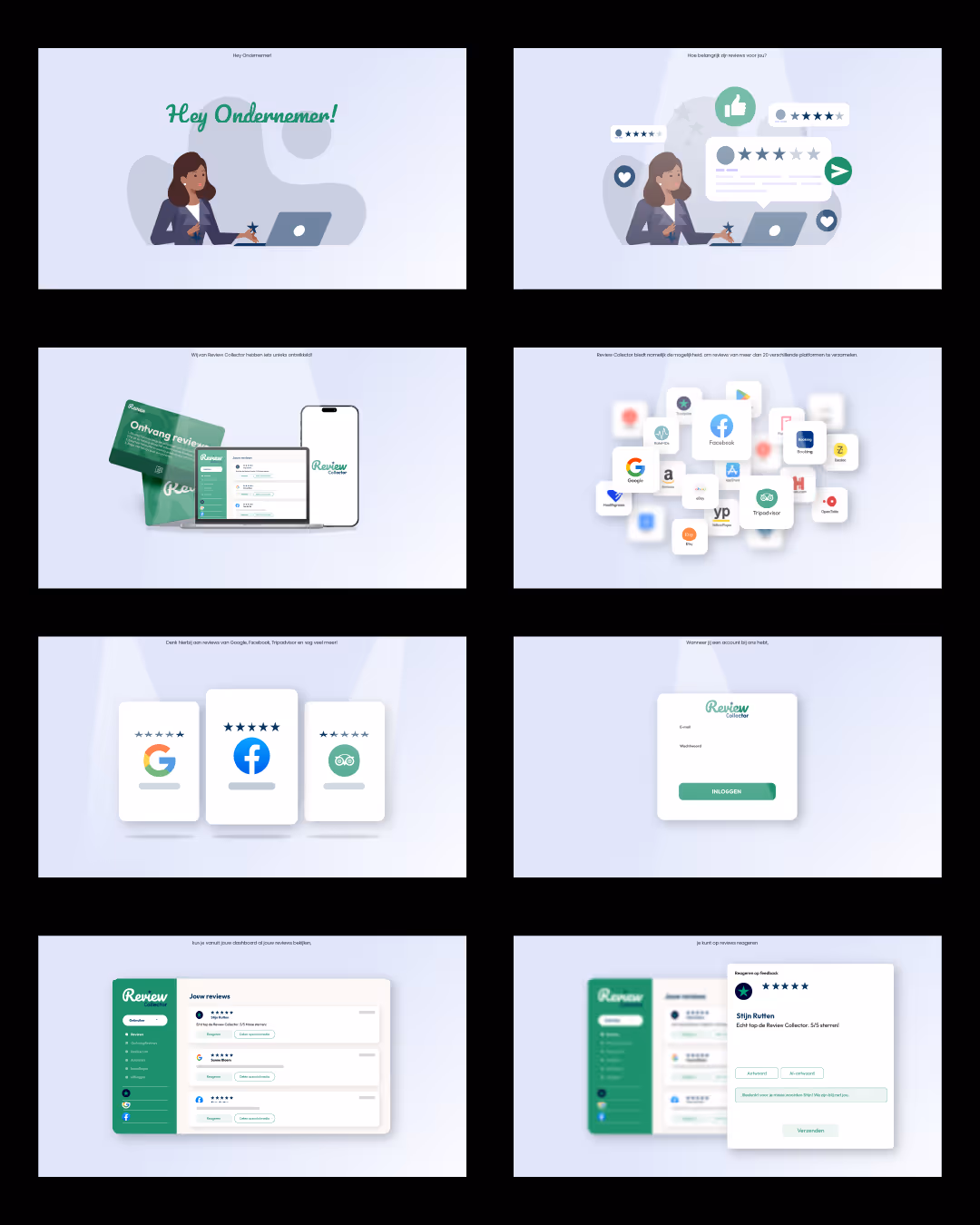 Storyboard met overzicht van animatieframes uit een uitlegvideo.