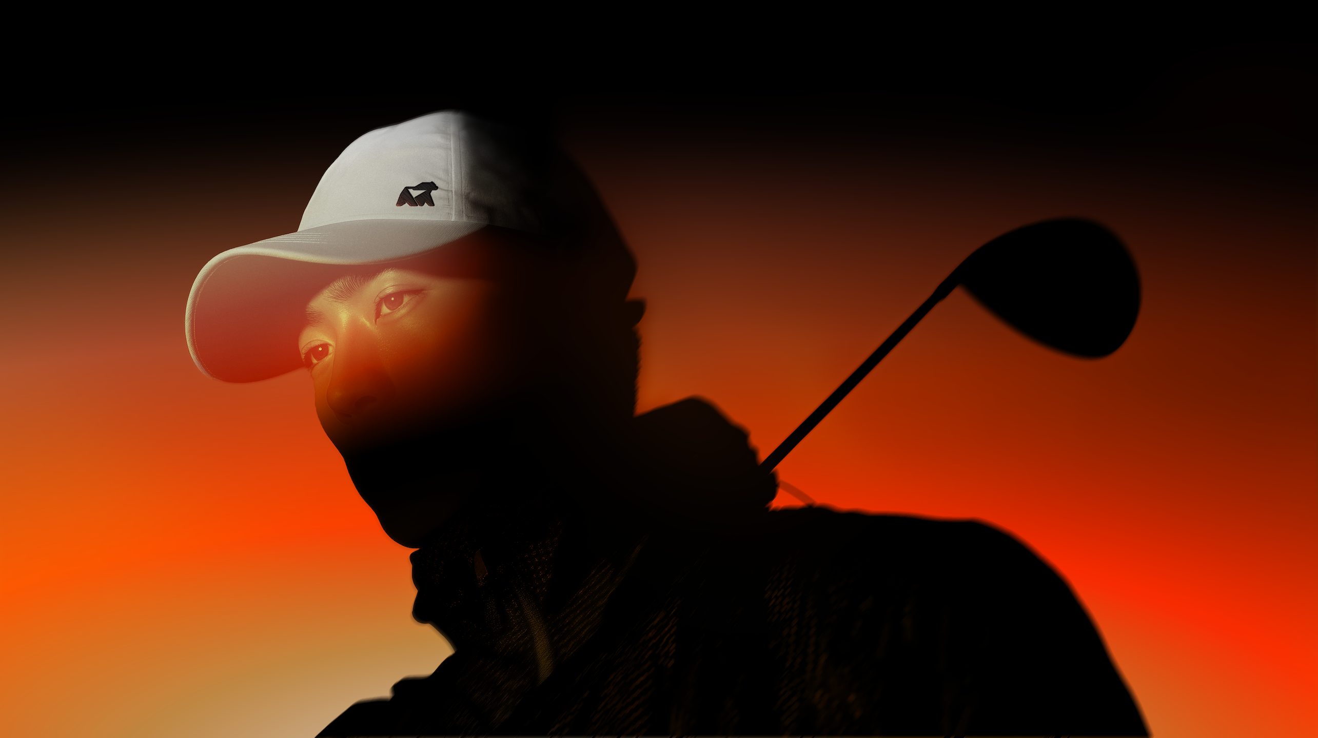 Golfer wearing a white Duma Bear cap and holding a driver club against a vibrant background.