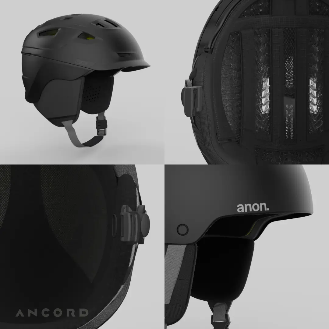 Burton / Anon — four-panel render study of a black Anon snow helmet: full helmet, liner mesh, strap buckle, and logo detail | ANCORD Design Co