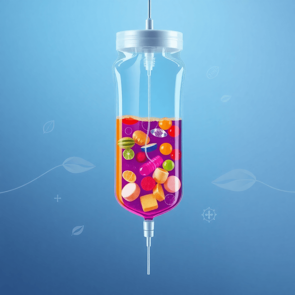 A modern IV drip bag with colorful liquids, set against a clean background featuring leaves, water droplets, and energy icons.