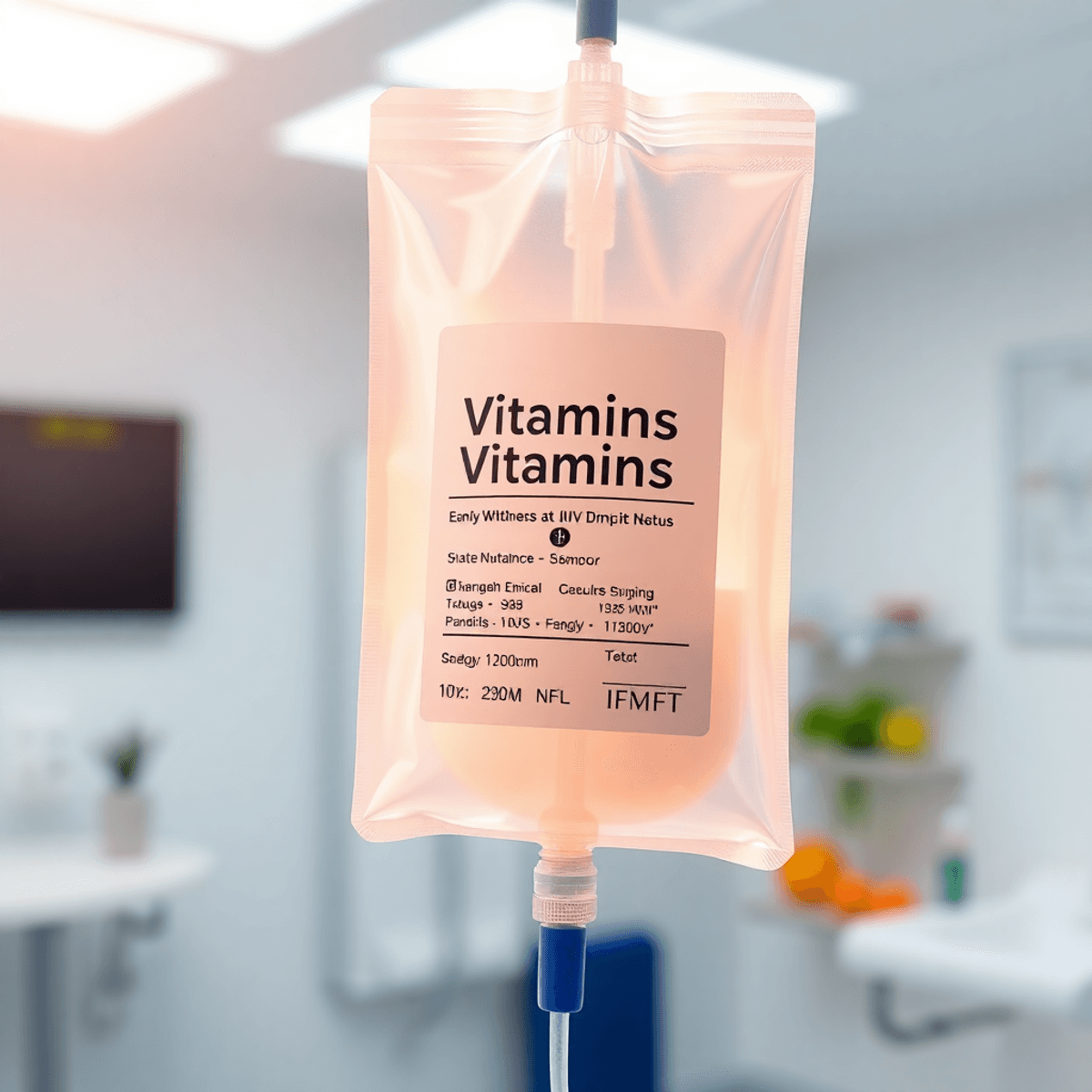 Close-up of a glowing IV drip bag labeled with vitamins and nutrients in a bright, clean medical setting symbolizing energy and wellness.