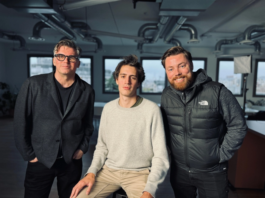 Matt Cowan with Mistral co-founder & CEO Arthur Mensch and Atomico Communications Partner Bryce Keane
