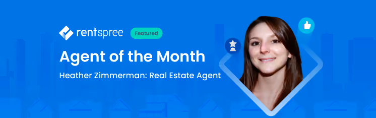Heather Zimmerman named RentSpree featured Agent of the Month with her portrait on blue background.