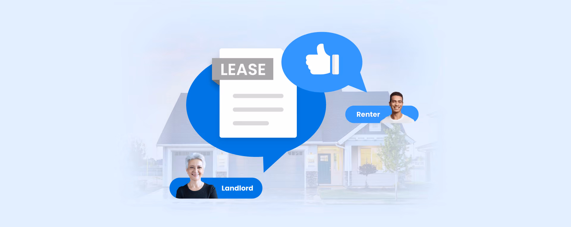 Illustration of a landlord and renter with a lease document and thumbs-up icon in front of a house.