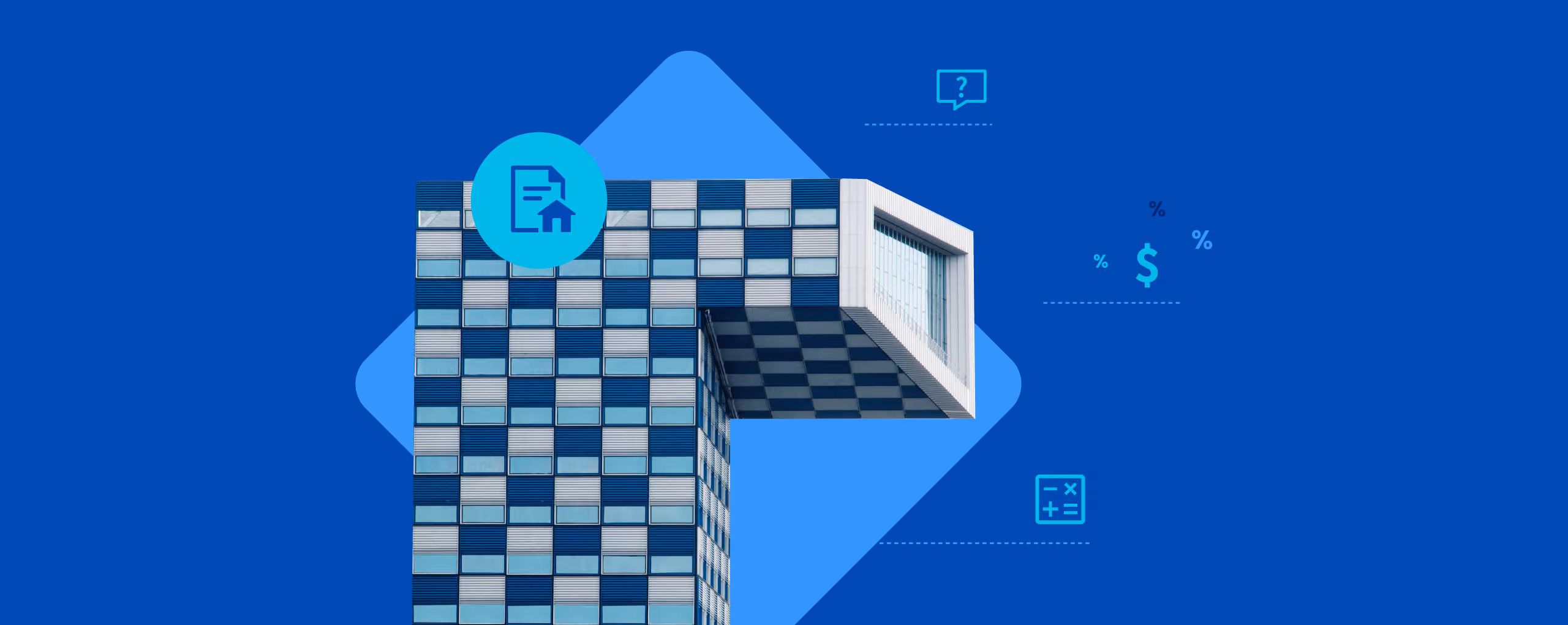 Modern geometric building with blue checkered pattern on a blue background with financial icons.