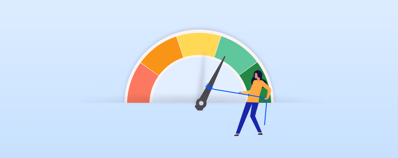 Woman improving credit score by pulling on scoring meter