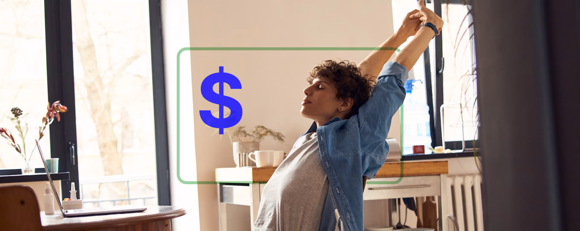 Young person stretching in a bright room near a desk with a laptop and a blue dollar sign graphic overlayed.