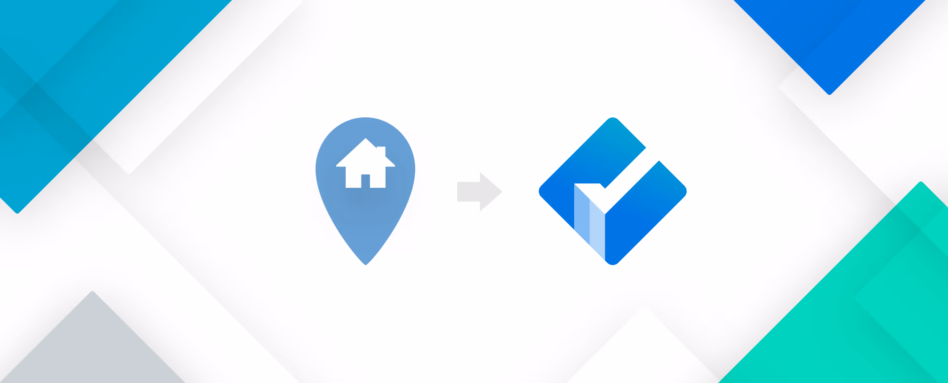 Graphic with home location pin icon pointing to a blue checkmark inside a diamond shape.