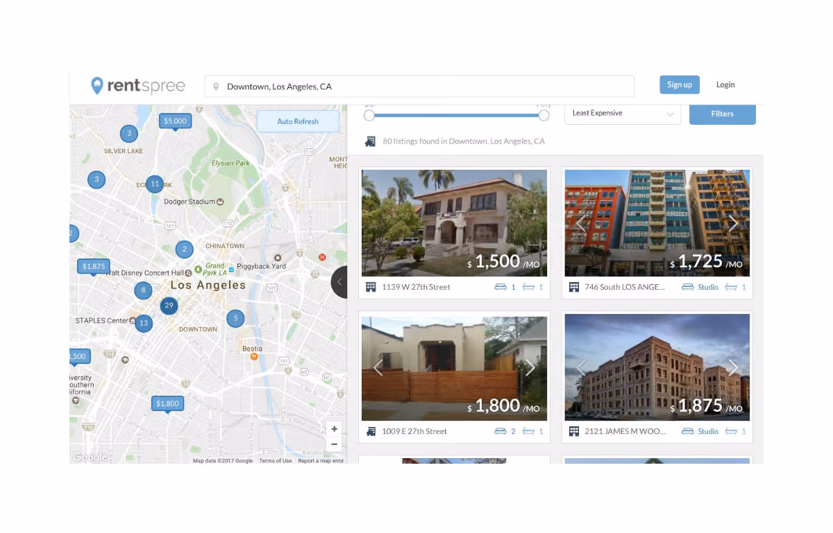 RentSpree map and listings for Downtown Los Angeles with rental prices and property images.