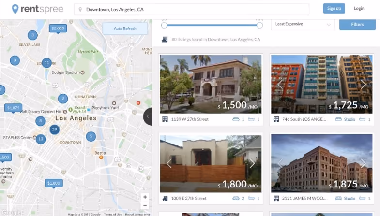 RentSpree map of Downtown Los Angeles with apartment listings and prices on the right side.