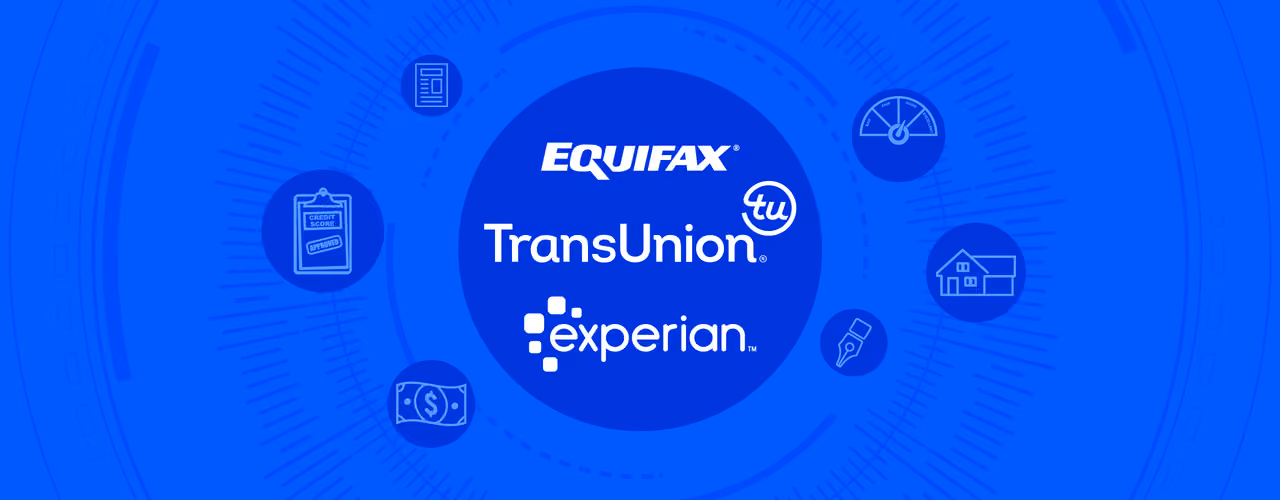 Equifax, TransUnion, and Experian logos with tenant screening iconography