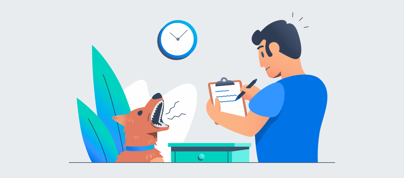 illustration of dog barking at man with a clipboard