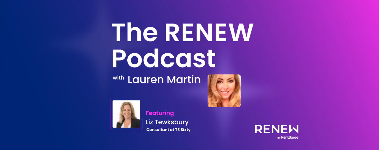 The RENEW Podcast with Lauren Martin featuring Liz Tewksbury consultant at T3 Sixty on blue-purple background.