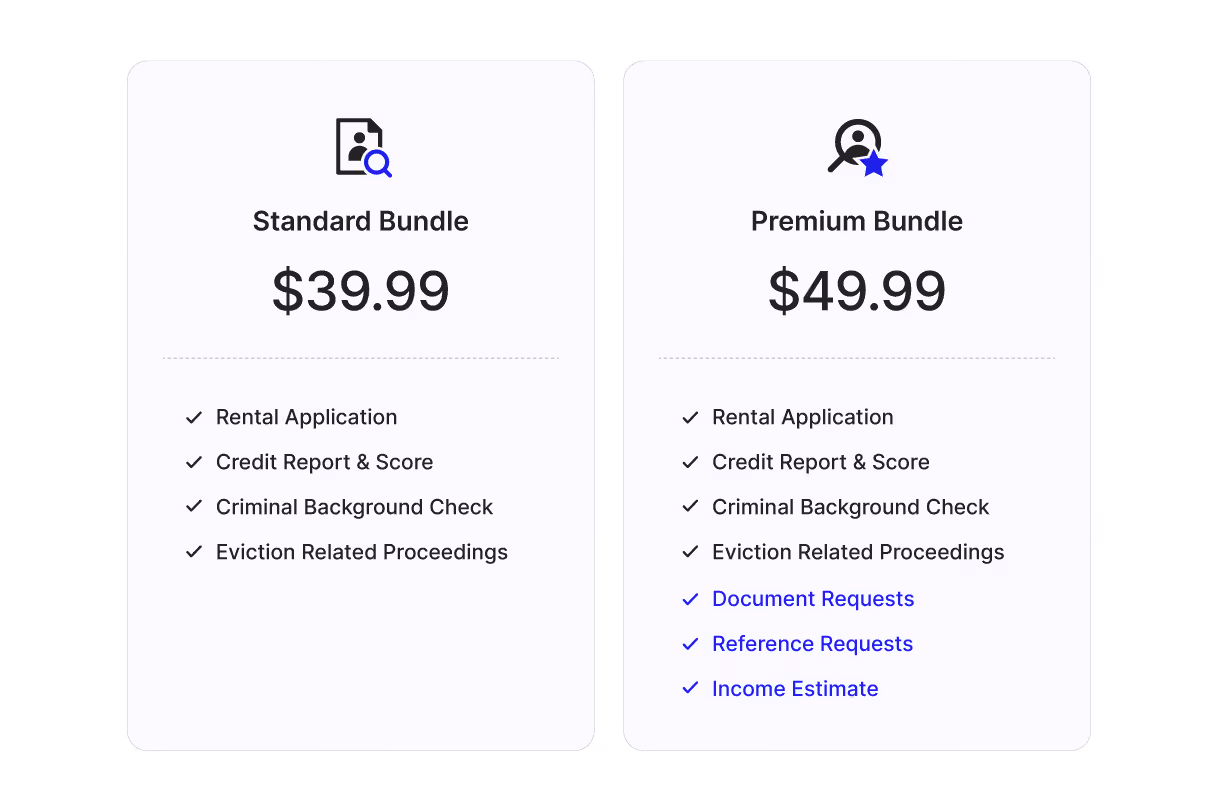 Side-by-side pricing chart comparing RentSpree Standard Bundle and RentSpree Premium Bundle