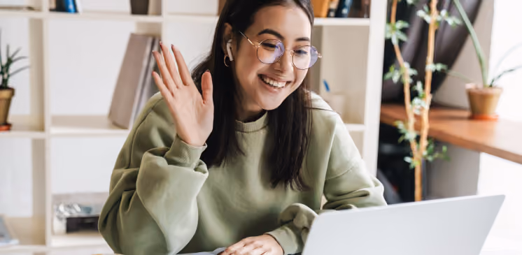 young woman on a remote video call|illustrations of ways to keep customers invested remotely|illustrations of virtual communication tools|illustrations of ideas for staying connected remotely|illustrated examples of brands pivoting to remote life|download button for virtual communication infographic