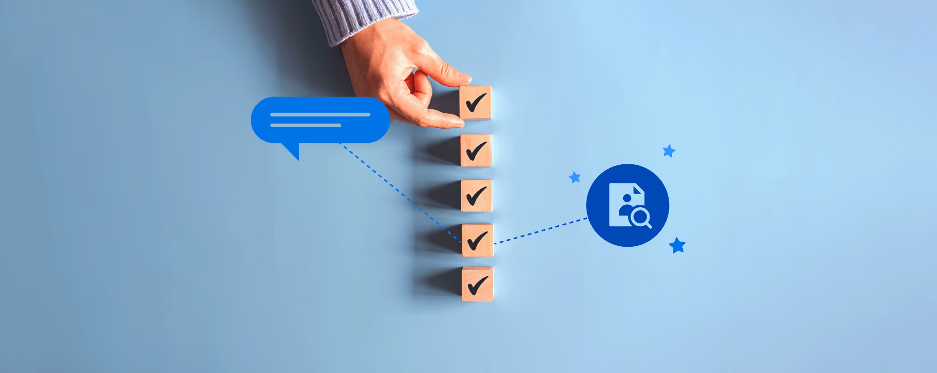 Hand placing wooden blocks with checkmarks in a vertical line on a blue surface with icons.