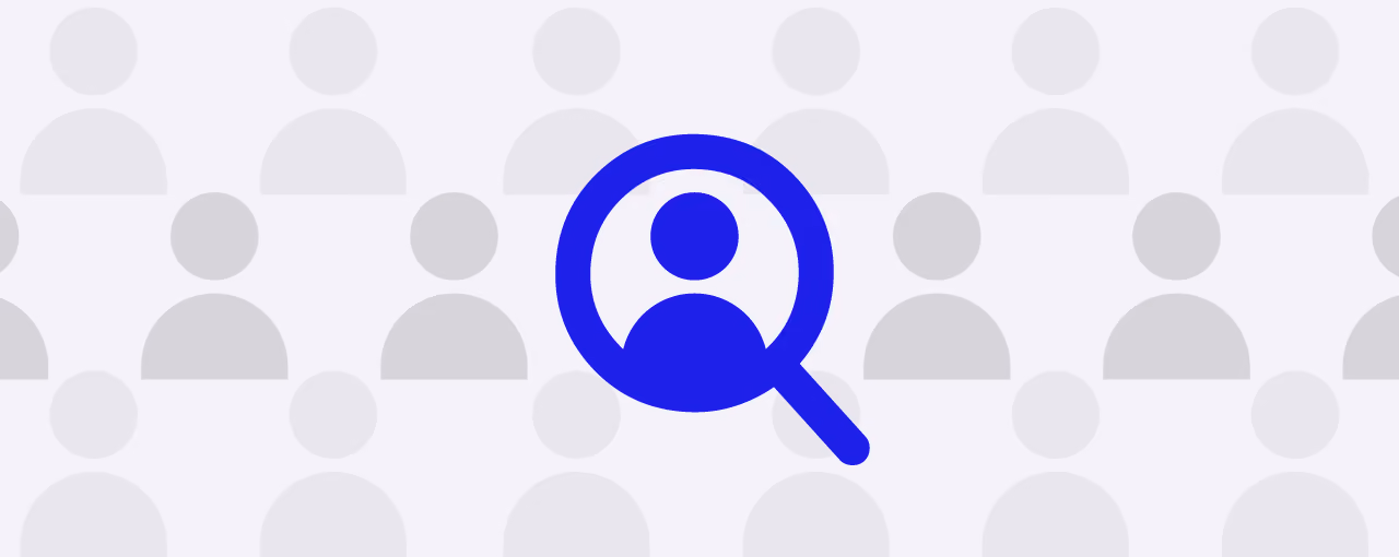 Blue magnifying glass highlighting a person icon among gray person icons in the background.