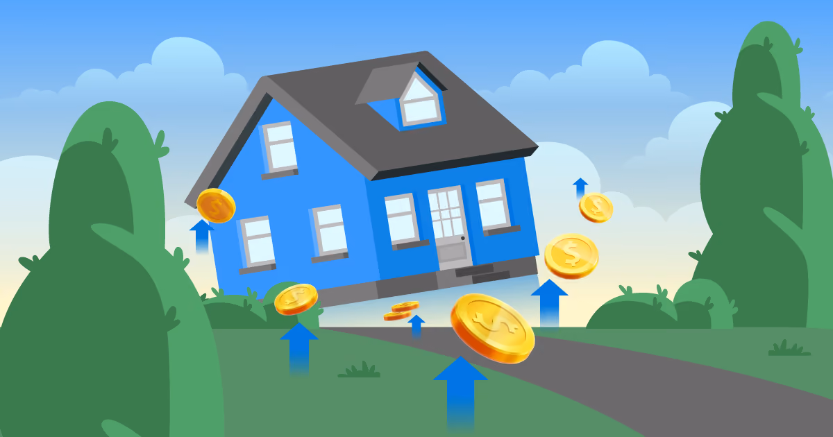 Blue house with dollar coins and upward arrows rising outdoors with trees and a cloudy blue sky.