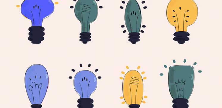 Eight stylized light bulbs in blue, green, and yellow colors arranged in two rows on a pale background.