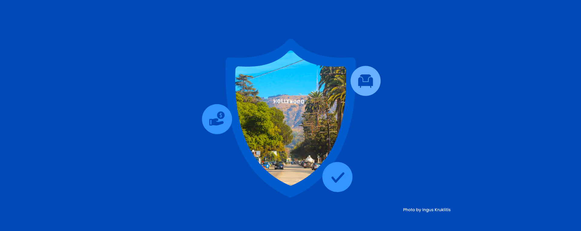 Shield outline with Hollywood sign and street, icons for money, furniture, and check mark on blue background.