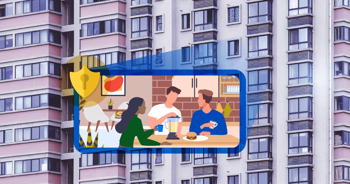 Illustration of three people talking in a kitchen with a shield lock icon symbolizing security.